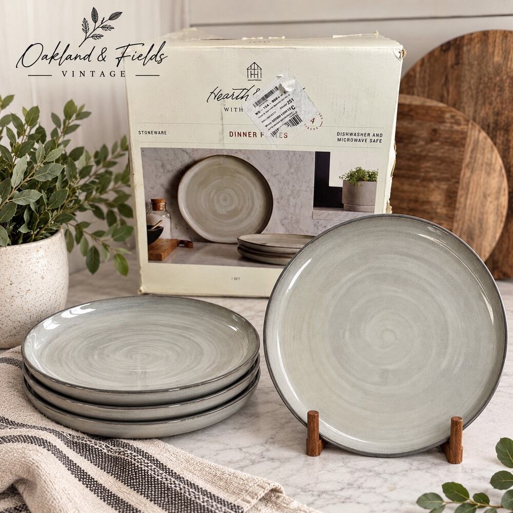 Hearth & Hand Magnolia Gray Stoneware Dinner Plates Set of 4 NWT Box
